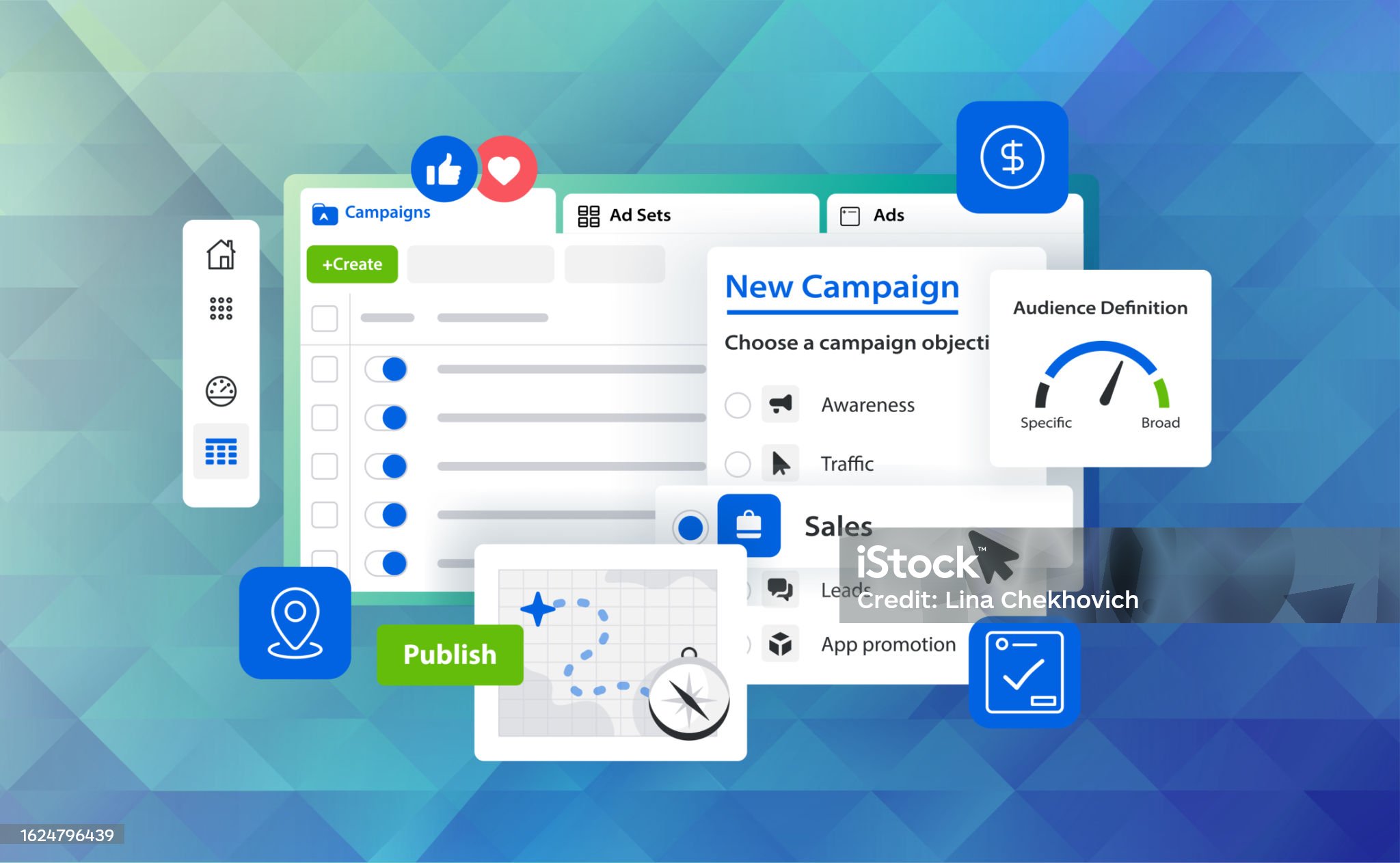 Ads Manager vector illustration concept. Marketing platform interface. Advertising cabinet of social media. Pay per click